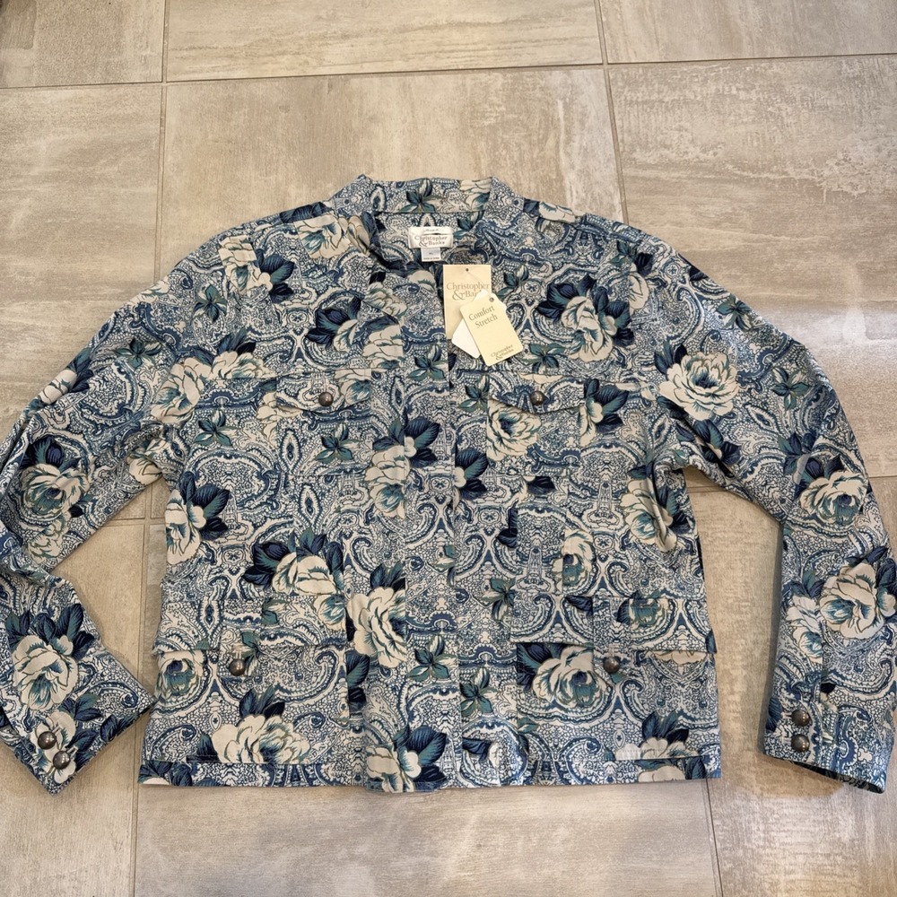 NWT Christopher & Banks Size XL Blue Floral Paisley Jean Jacket Comfort Stretch‎